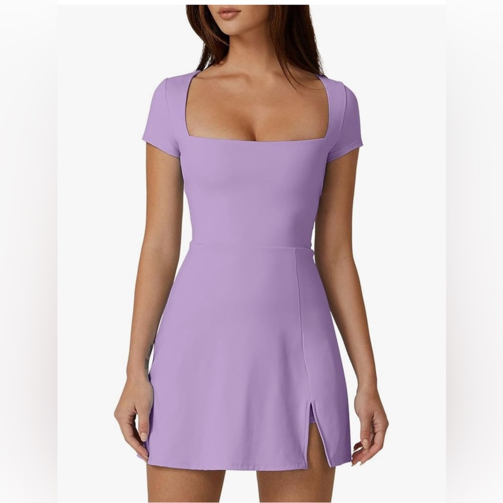 QINSEN Womens Square Neck Tennis Dress Short Sleeve Built in Shorts - Picture 2 of 7